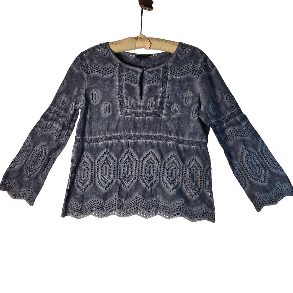 NEW Women Blue Dyed Eyelet Lace Long Sleeve Boho Blouse Scalloped Hem Split Neck